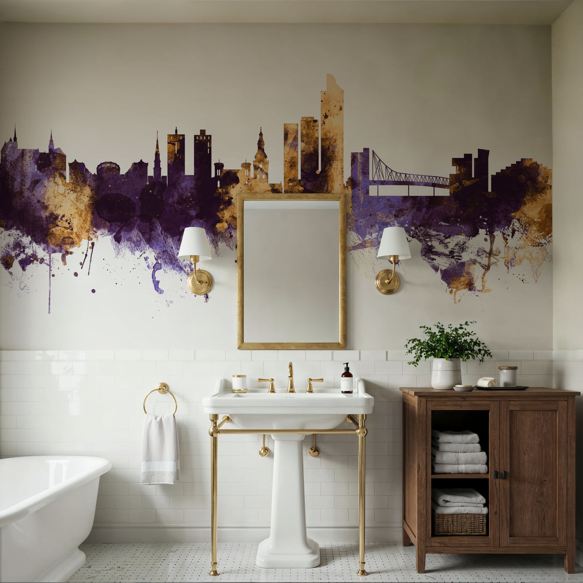Oslo Skyline Purple & Gold Mural Wallpaper - room preview 02