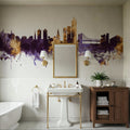 Oslo Skyline Purple & Gold Mural Wallpaper - room preview 02