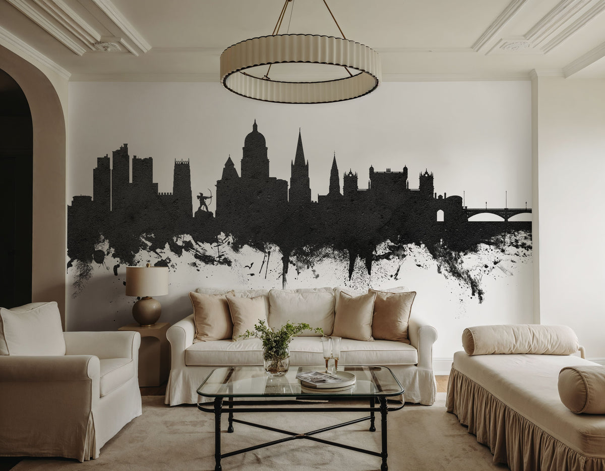 Nottingham England Skyline Black & White Mural Wallpaper - room preview 02