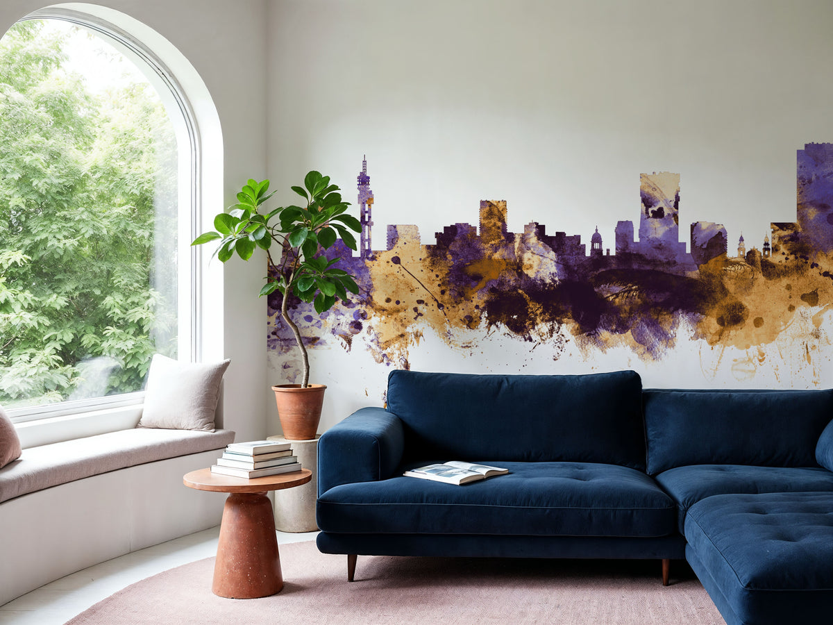 Pretoria South Africa Skyline Purple & Gold Mural Wallpaper - room preview 02