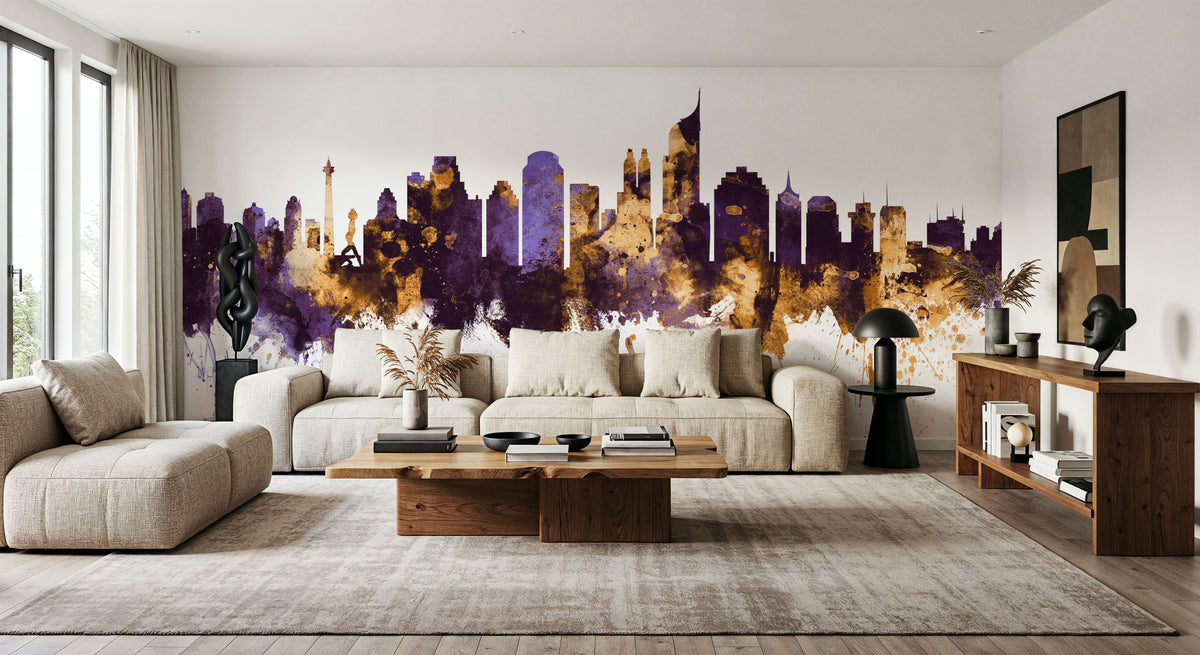 Jakarta Skyline Indonesia Purple & Gold Mural Wallpaper - room preview 02