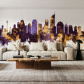 Jakarta Skyline Indonesia Purple & Gold Mural Wallpaper - room preview 02