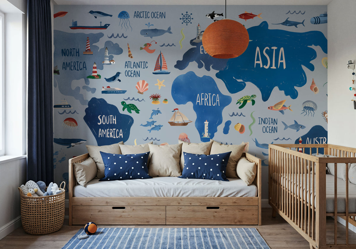 Nautical World Map Mural Wallpaper - room preview 02