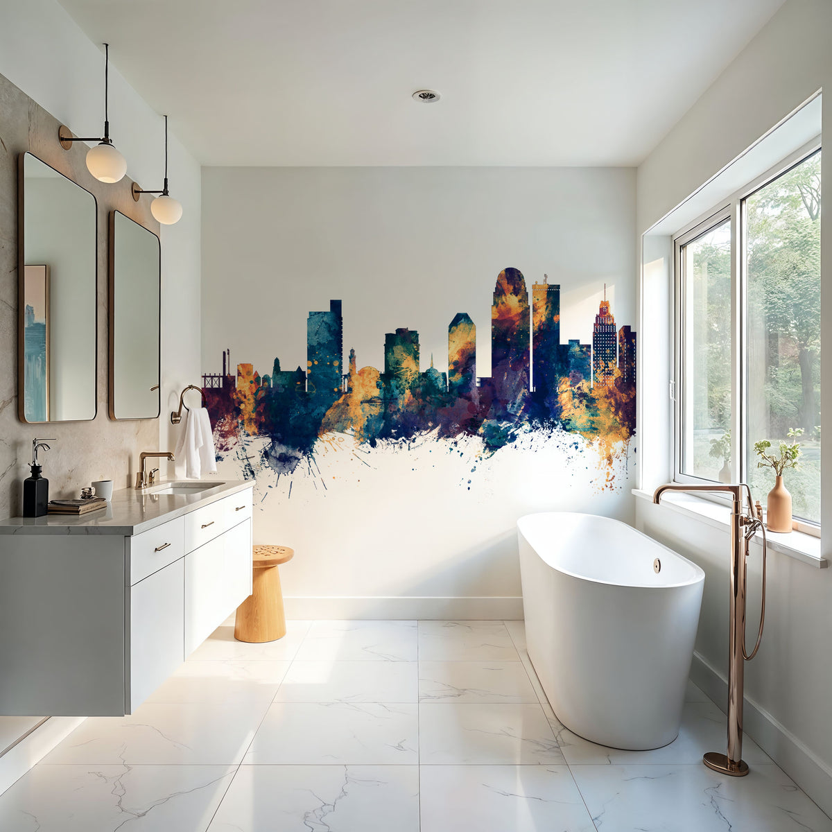 Winston-Salem North Carolina Skyline Blue & Bronze Mural Wallpaper - room preview 02