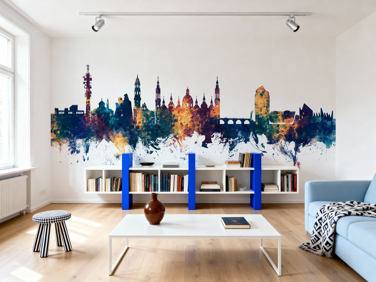 Zaragoza Spain Skyline Blue & Bronze Mural Wallpaper - room preview 02