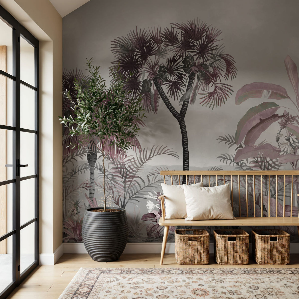 Tropical Forest Strolls Gray Blue Mural Wallpaper - room preview 02