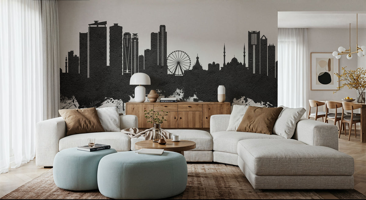 Sharjah Skyline Black & White Mural Wallpaper - room preview 02