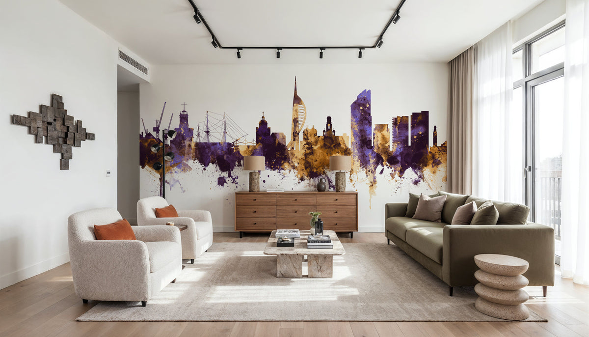 Portsmouth England Skyline Purple & Gold Mural Wallpaper - room preview 02