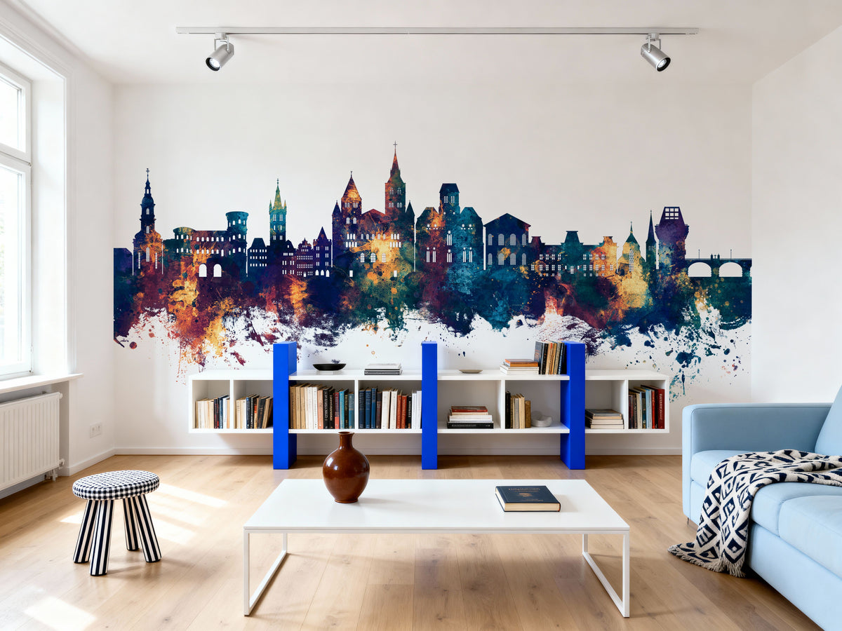 Trier Germany Skyline Blue & Bronze Mural Wallpaper - room preview 02