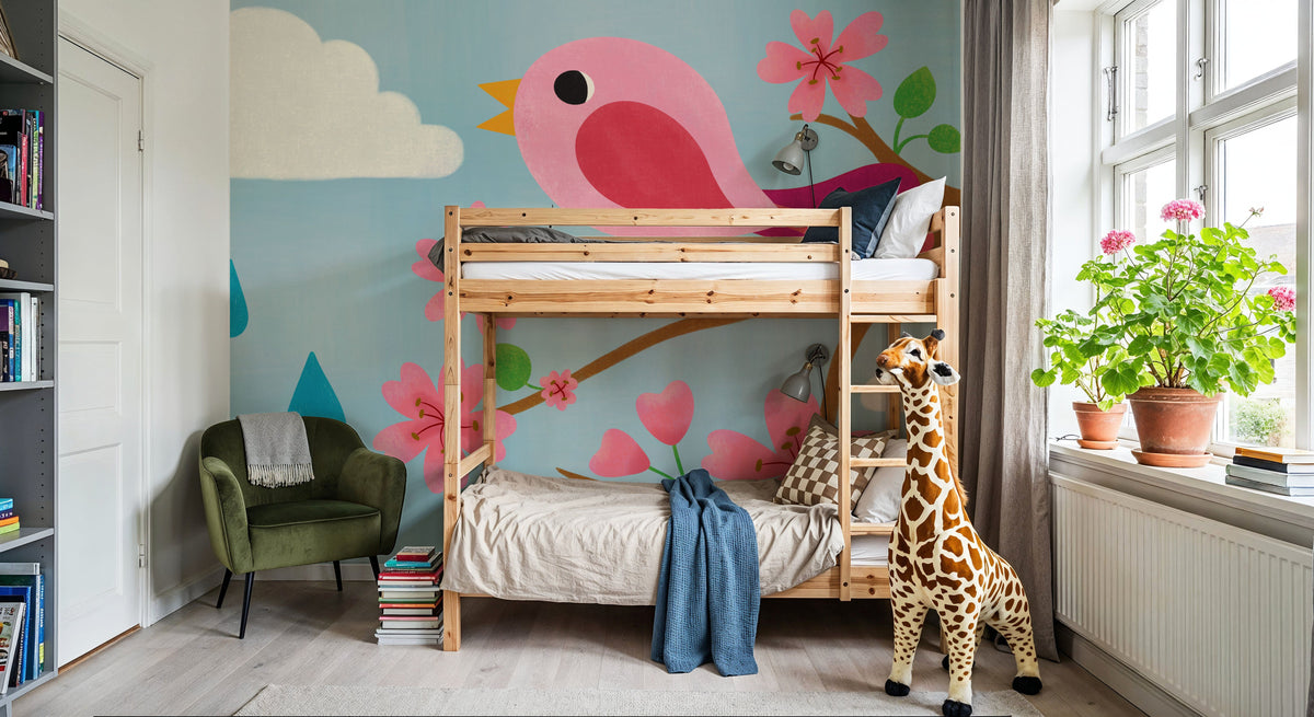 Retro Spring Bird Mural Wallpaper - room preview 02