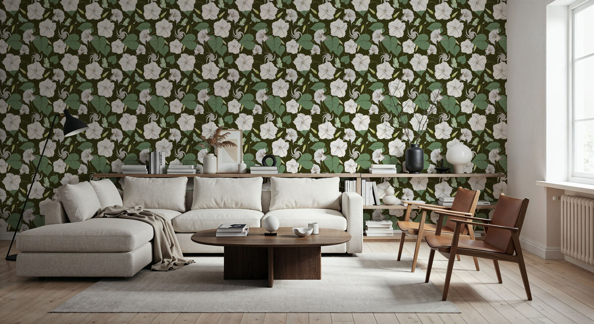 Moon Vine, Olive Green Mural Wallpaper - room preview 02
