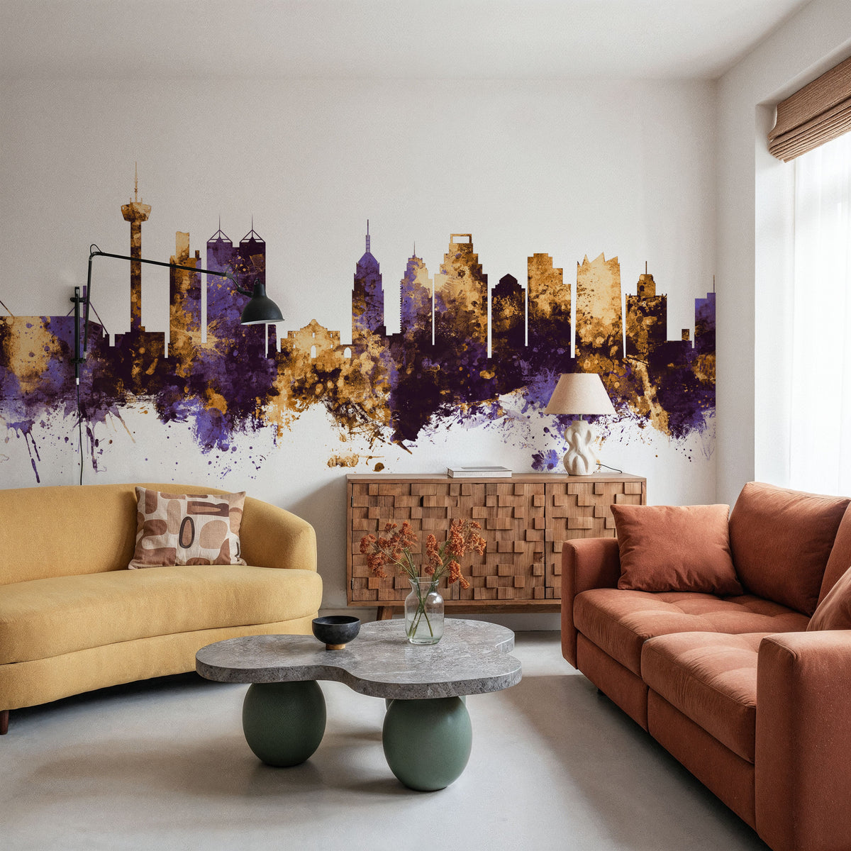 San Antonio Texas Skyline Purple & Gold Mural Wallpaper - room preview 02