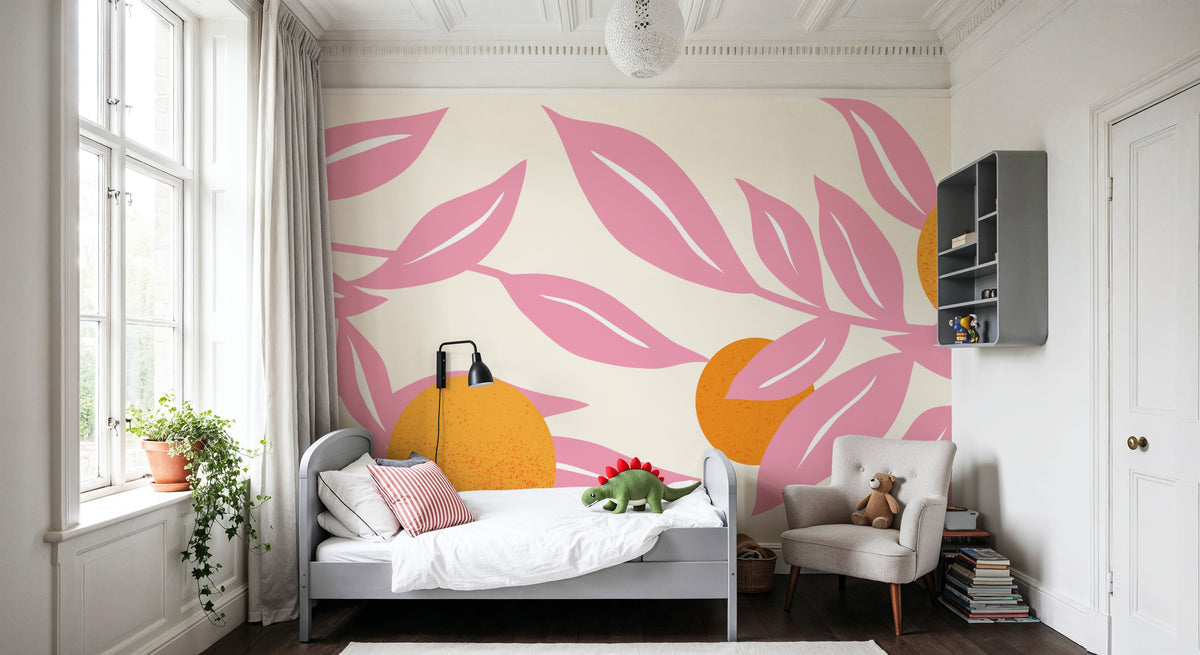 Stylized Flowers in Pink Mural Wallpaper - room preview 02