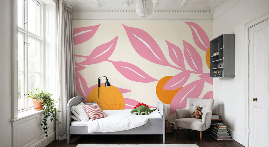 Floral Wallpaper Mural – Flower Wallpaper – Stylized Flowers in Pink