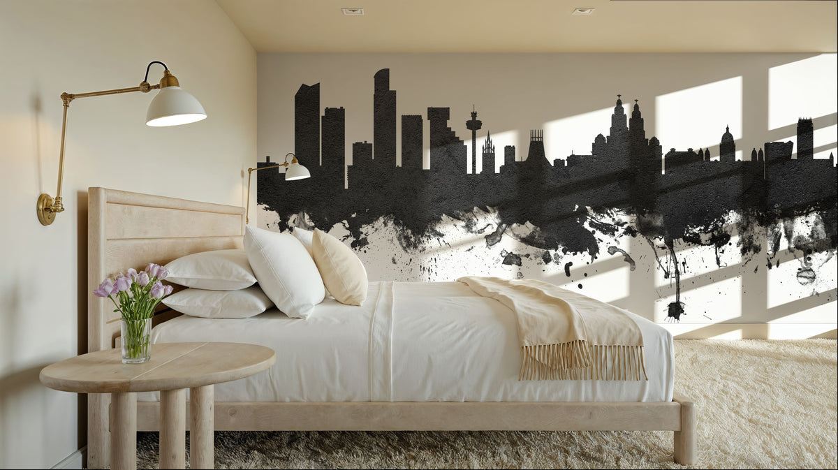Liverpool England Skyline Black & White Mural Wallpaper - room preview 02
