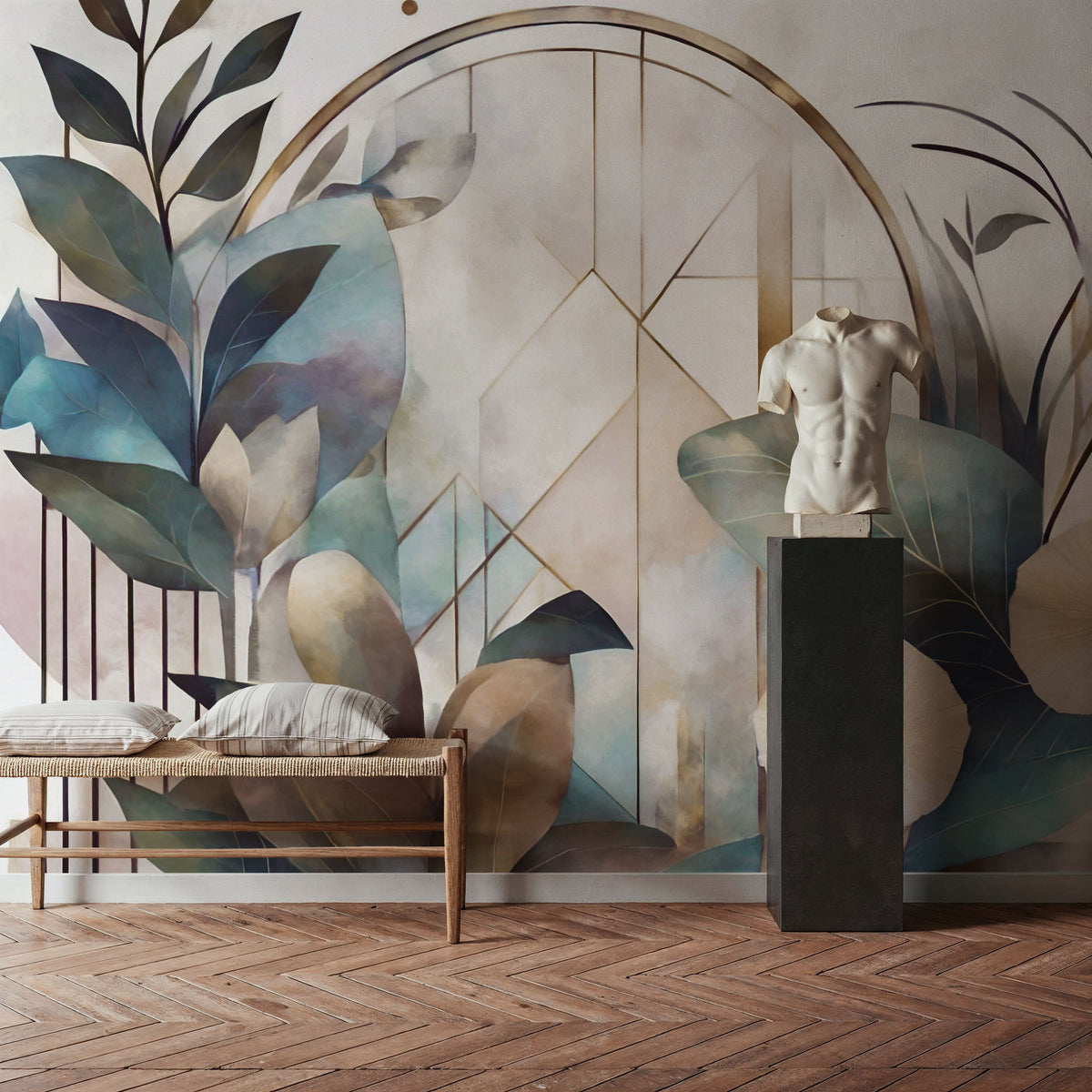 Art Deco Floral Geometry Yellow Mural Wallpaper - room preview 02