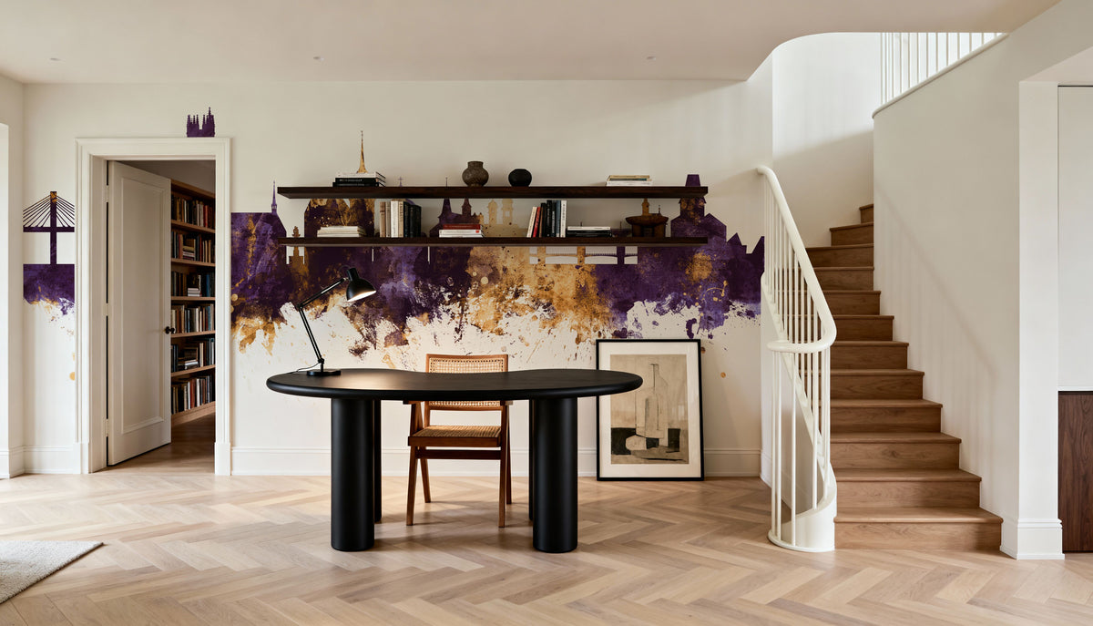 Fribourg Switzerland Skyline Purple & Gold Mural Wallpaper - room preview 02