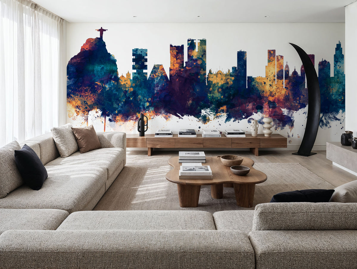 Rio De Janeiro Brazil Skyline Blue & Bronze Mural Wallpaper - room preview 02