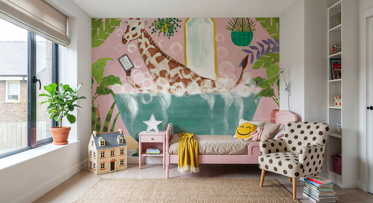 Giraffe in Tub Mural Wallpaper - room preview 02