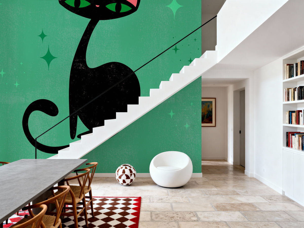 Retro Cat, Green Mural Wallpaper - room preview 02