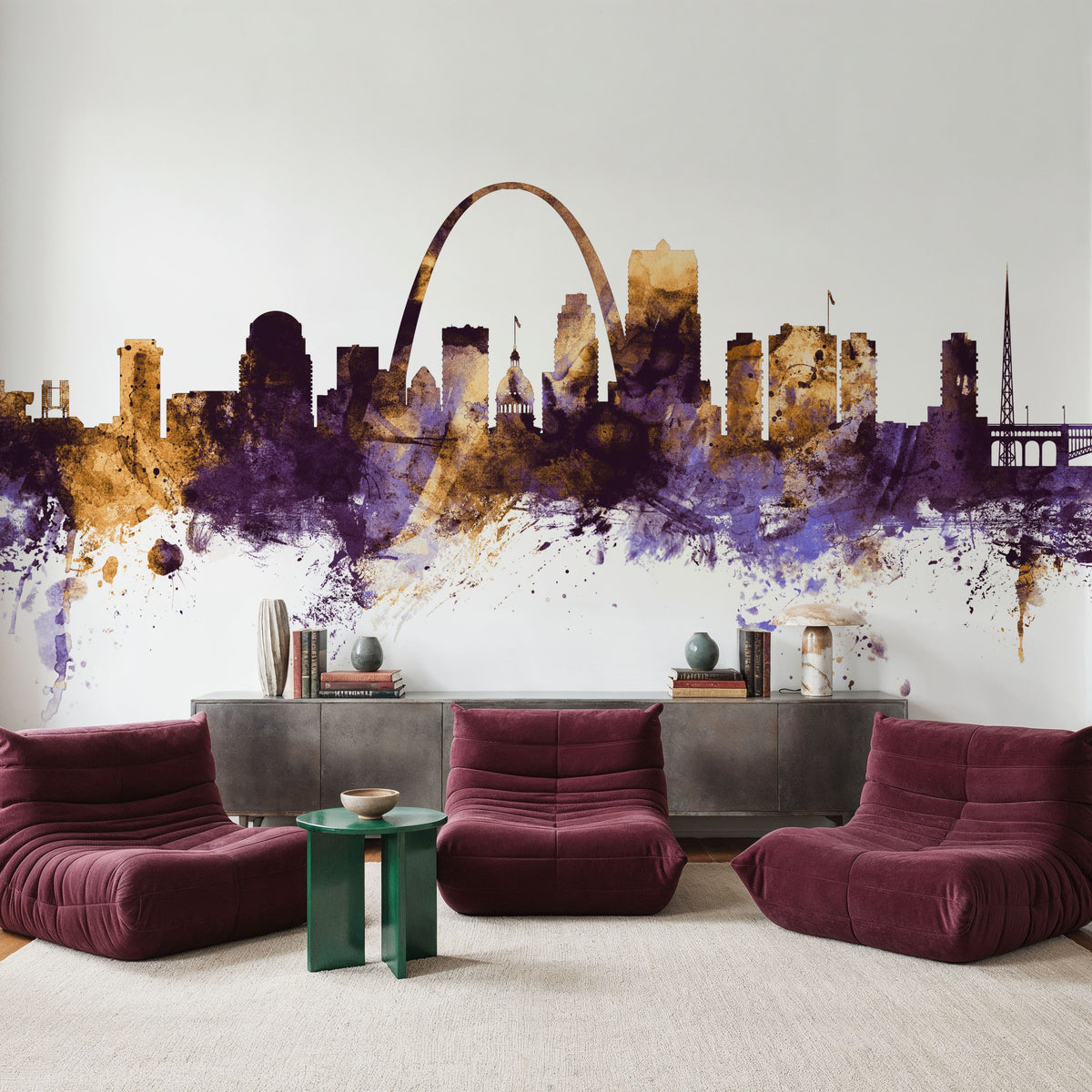 St Louis Missouri Skyline Purple & Gold Mural Wallpaper - room preview 02