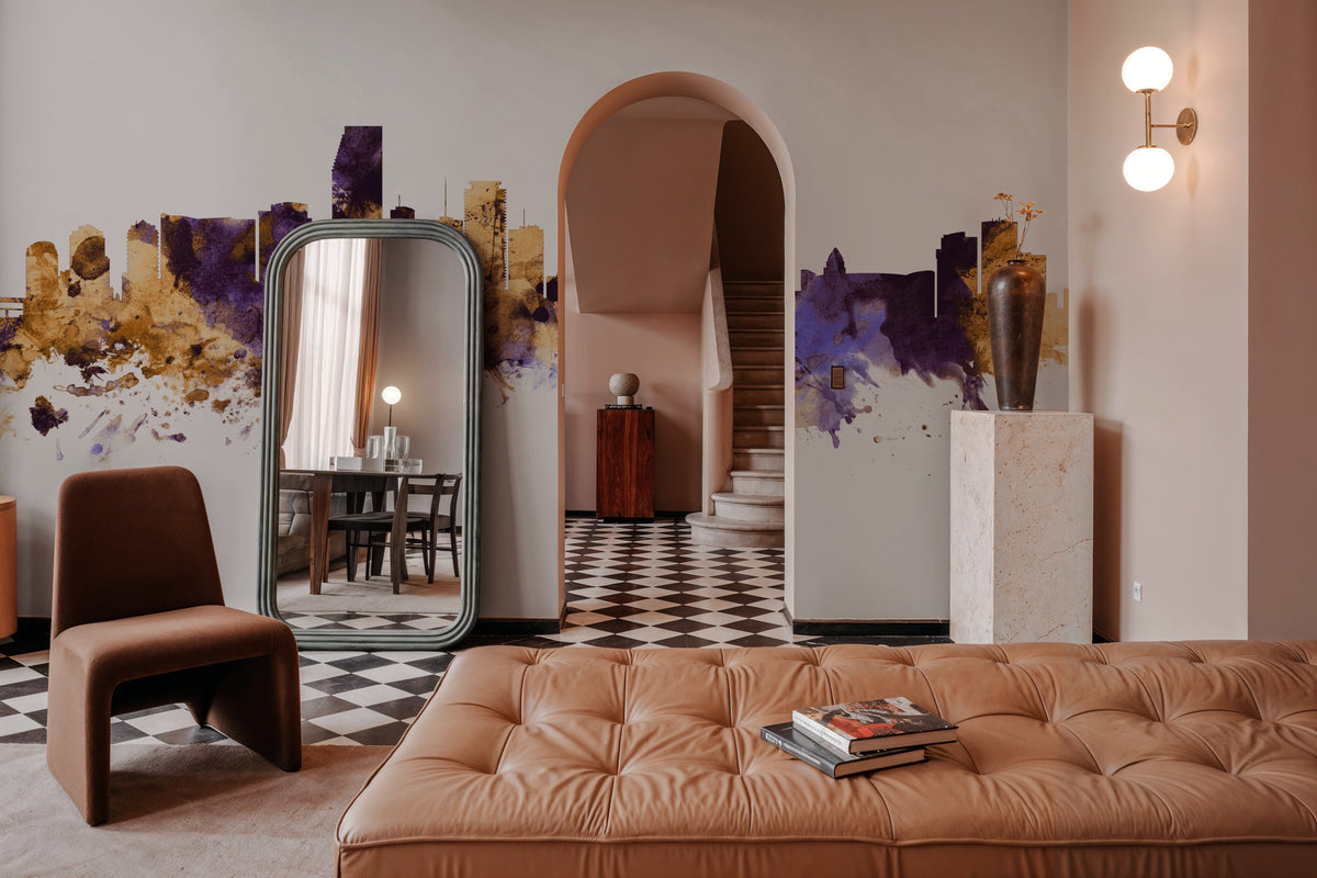 Miami Florida Skyline Purple & Gold Mural Wallpaper - room preview 02