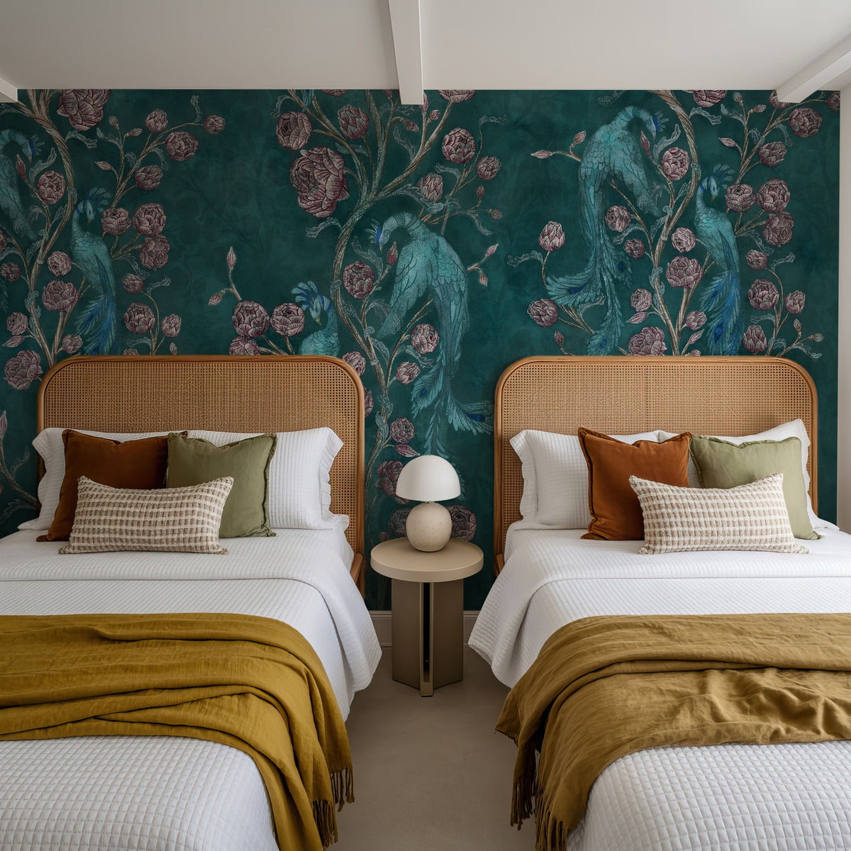 Peacock and Peony Chinoiserie Teal Mural Wallpaper - room preview 02