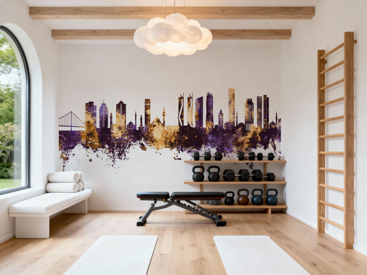 Izmir Turkey Skyline Purple & Gold Mural Wallpaper - room preview 02