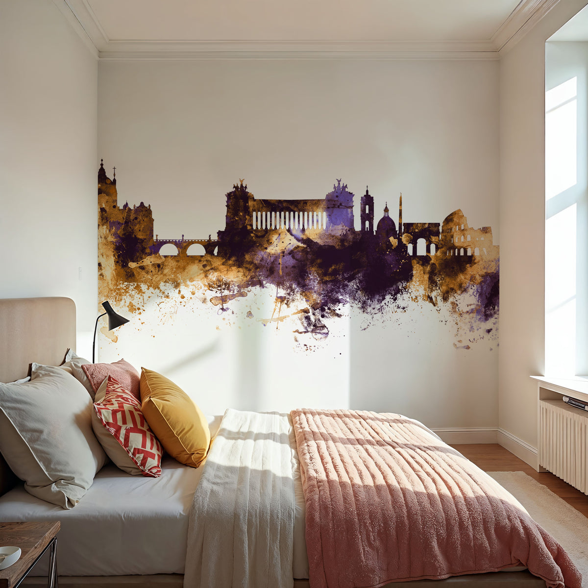 Rome Italy Skyline Purple & Gold Mural Wallpaper - room preview 02