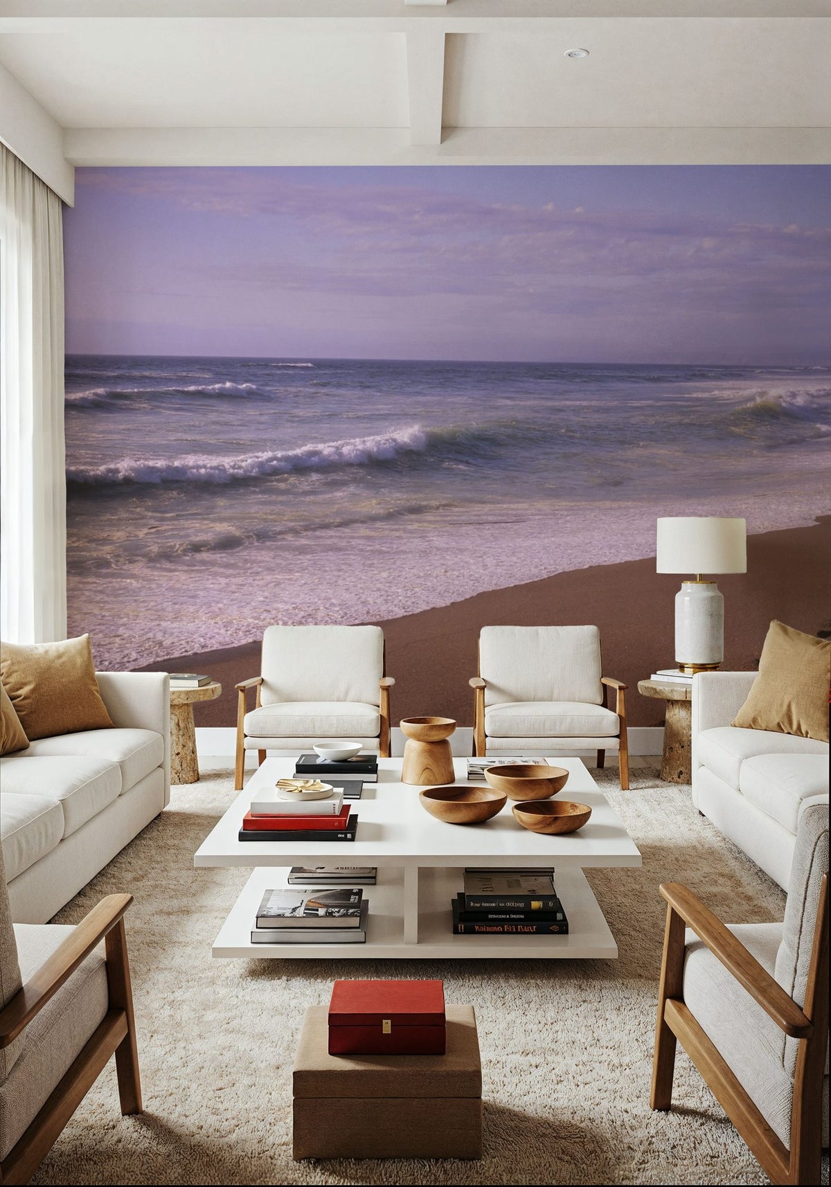 Crimson Stroll by the Shore Mural Wallpaper - room preview 02