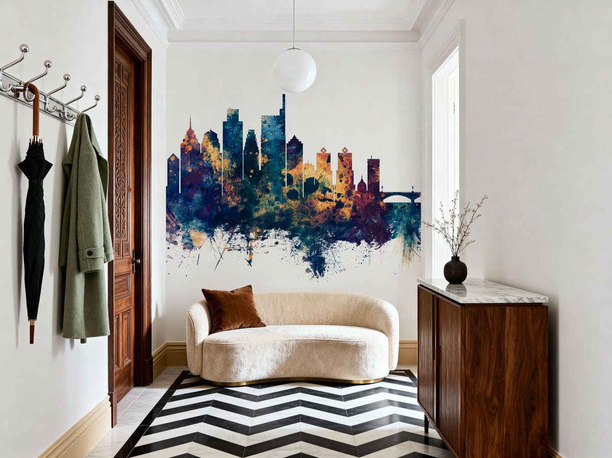 Philadelphia Skyline Blue & Bronze Mural Wallpaper - room preview 02