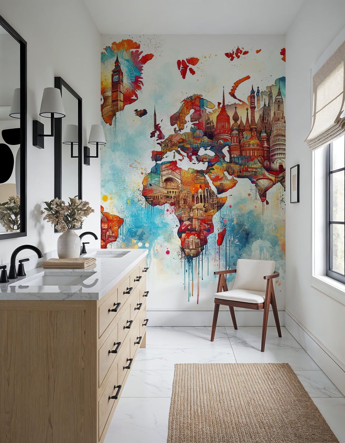 Watercolor World Map Landmarks Mural Wallpaper - room preview 02