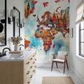 Watercolor World Map Landmarks Mural Wallpaper - room preview 02