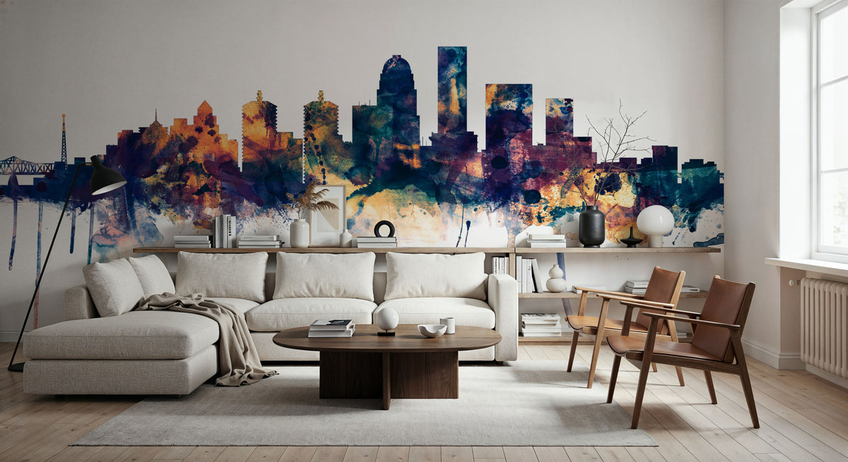 Louisville Kentucky Skyline Blue & Bronze Mural Wallpaper - room preview 02