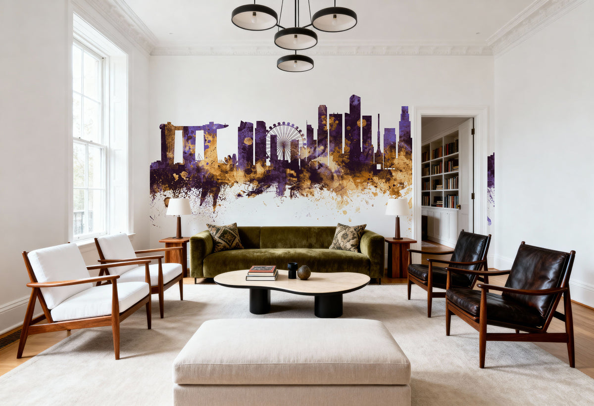 Singapore Skyline Purple & Gold Mural Wallpaper - room preview 02