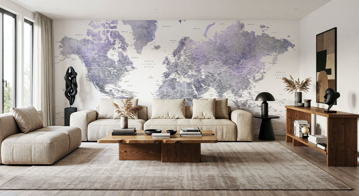 World Map Cities - Lilas Mural Wallpaper - room preview 02