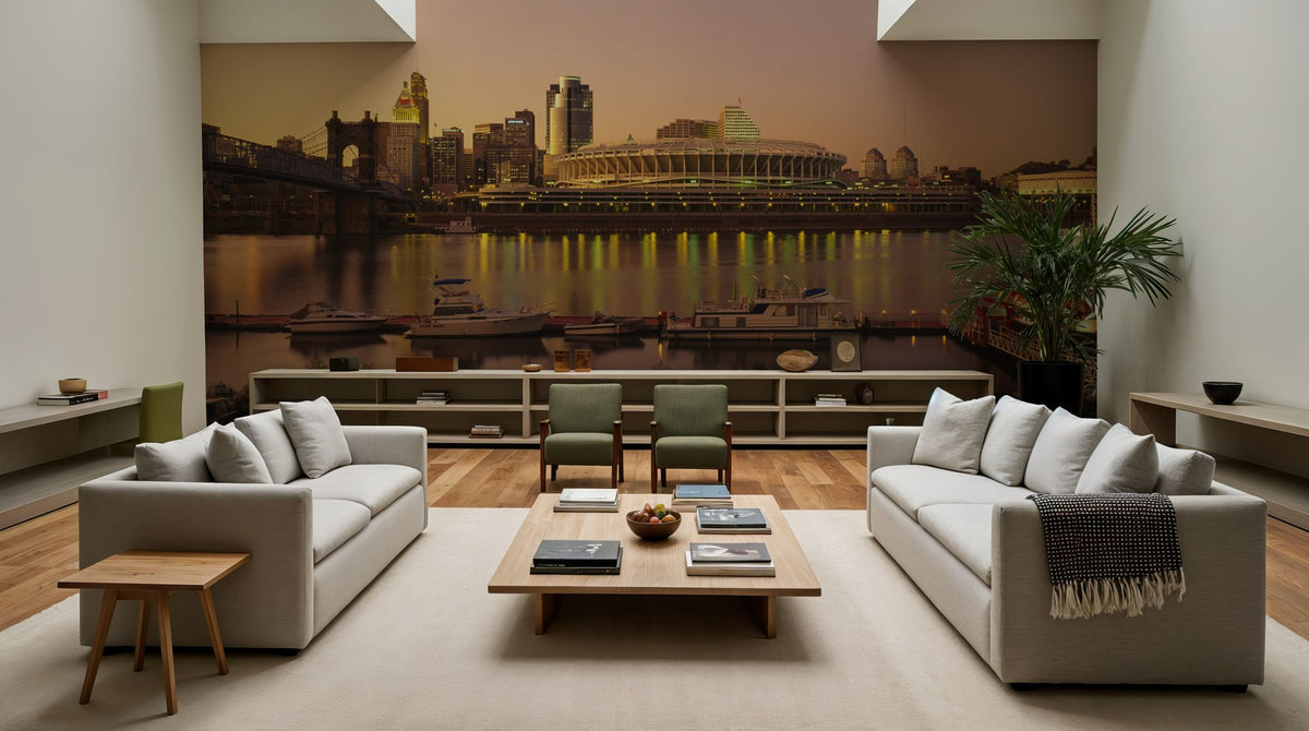 Riverfront Sunset Panorama Mural Wallpaper - room preview 02