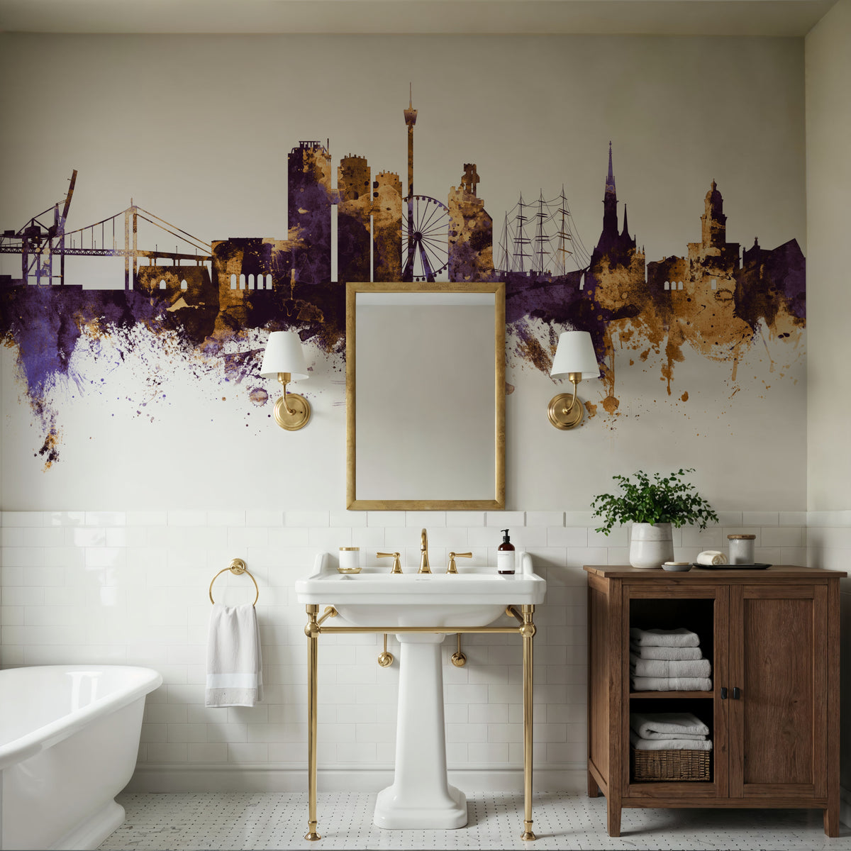 Gothenburg Skyline Purple & Gold Mural Wallpaper - room preview 02