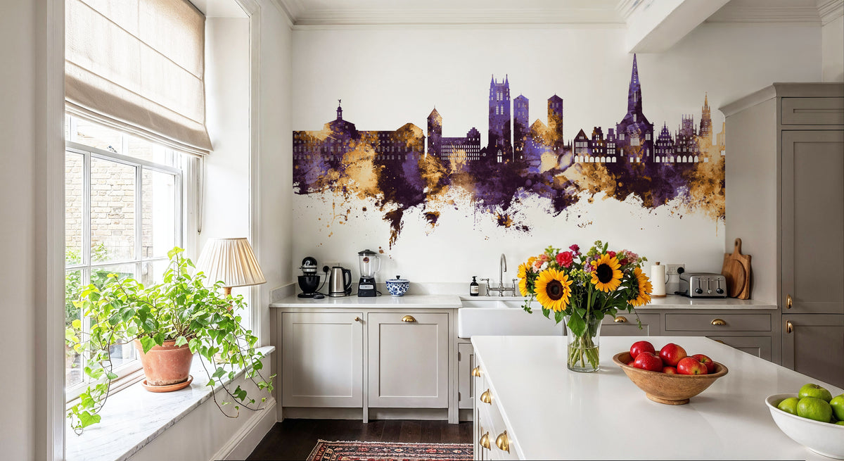 Münster Germany Skyline Purple & Gold Mural Wallpaper - room preview 02