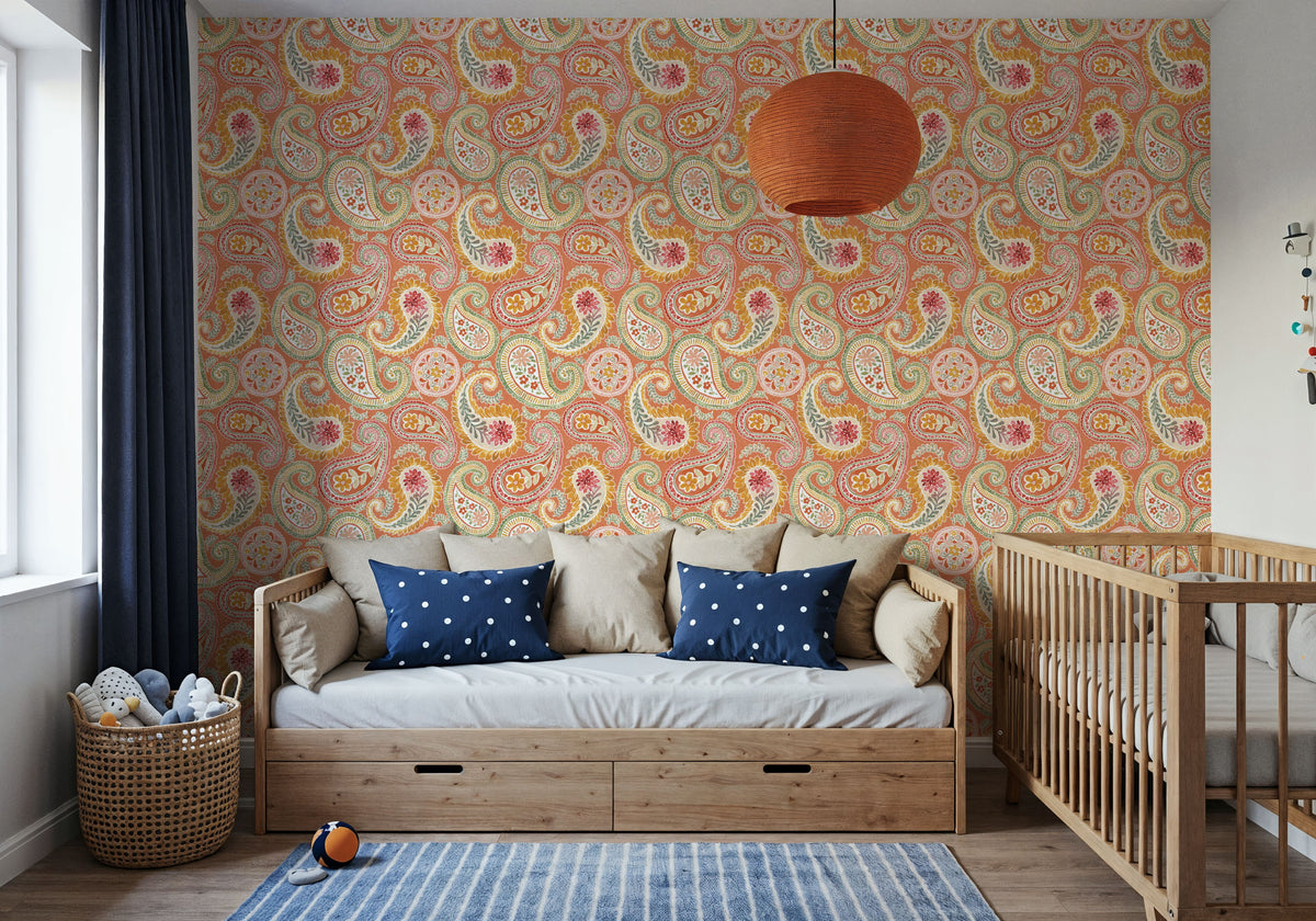 Harvest Paisley Orange Mural Wallpaper - room preview 02