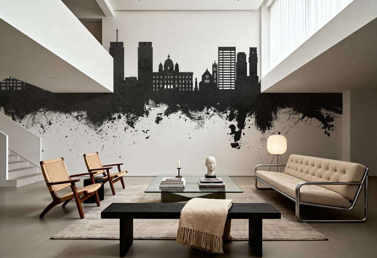 Syracuse New York Skyline Black & White Mural Wallpaper - room preview 02