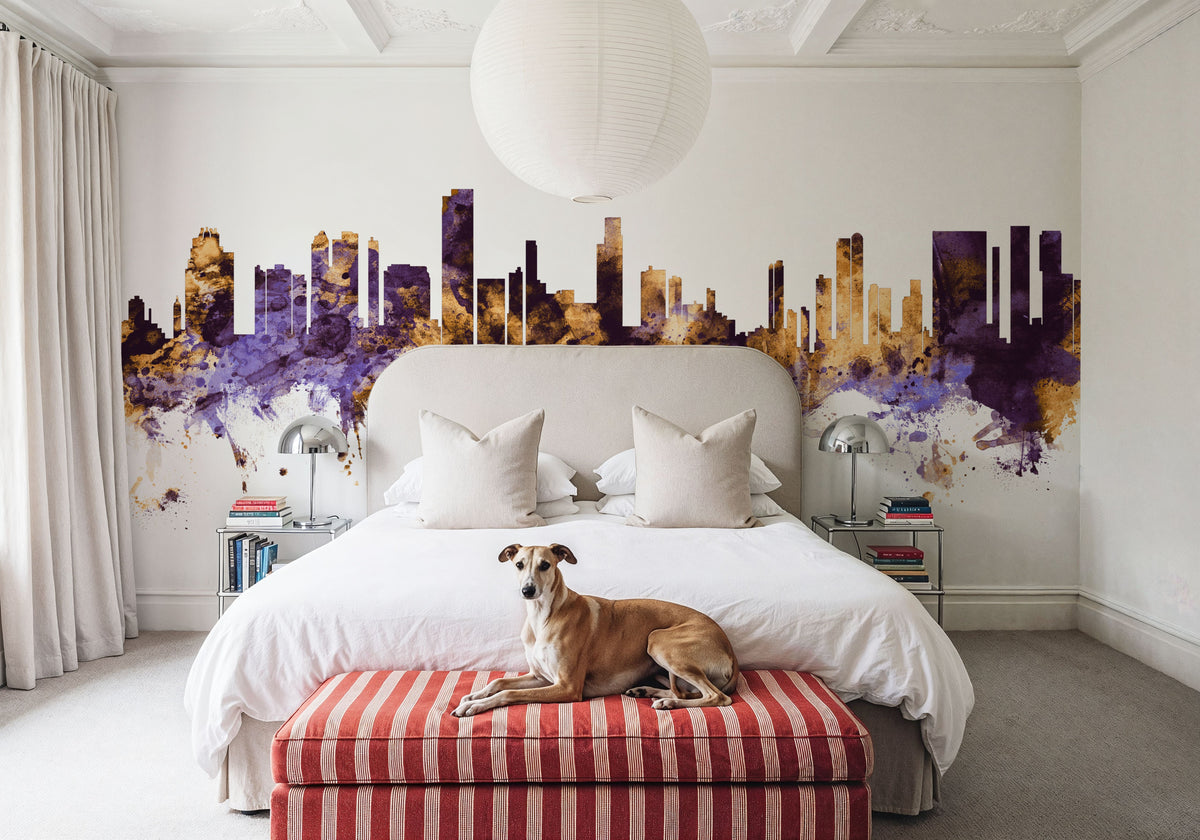 Honolulu Hawaii Skyline Purple & Gold Mural Wallpaper - room preview 02