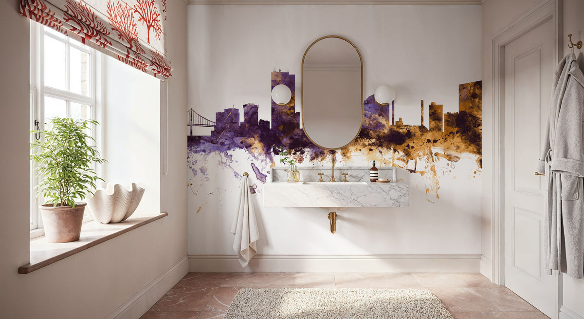 Toledo Ohio Skyline Purple & Gold Mural Wallpaper - room preview 02
