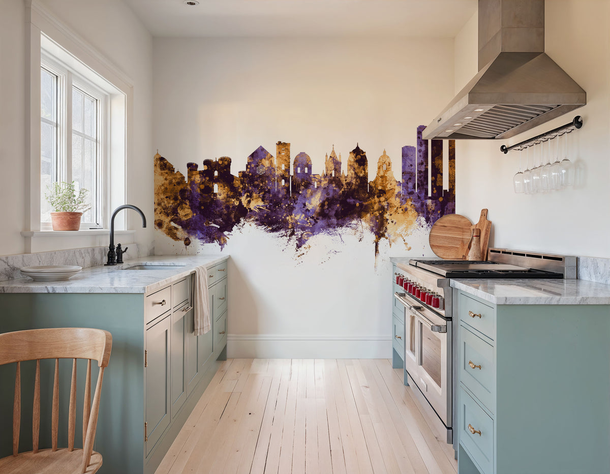 Naples Italy Skyline Purple & Gold Mural Wallpaper - room preview 02