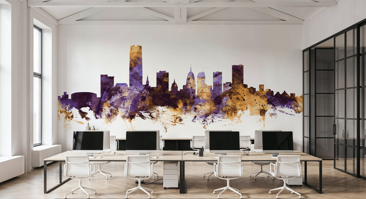 Oklahoma City Skyline Purple & Gold Mural Wallpaper - room preview 02