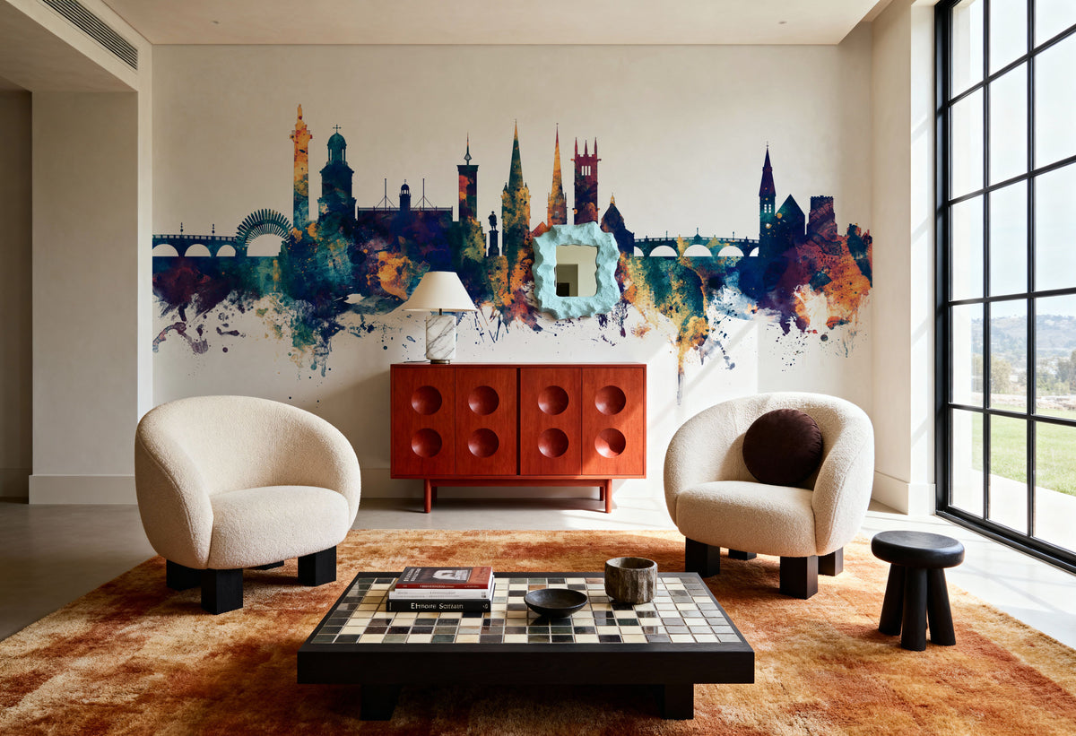 Shrewsbury England Skyline Blue & Bronze Mural Wallpaper - room preview 02