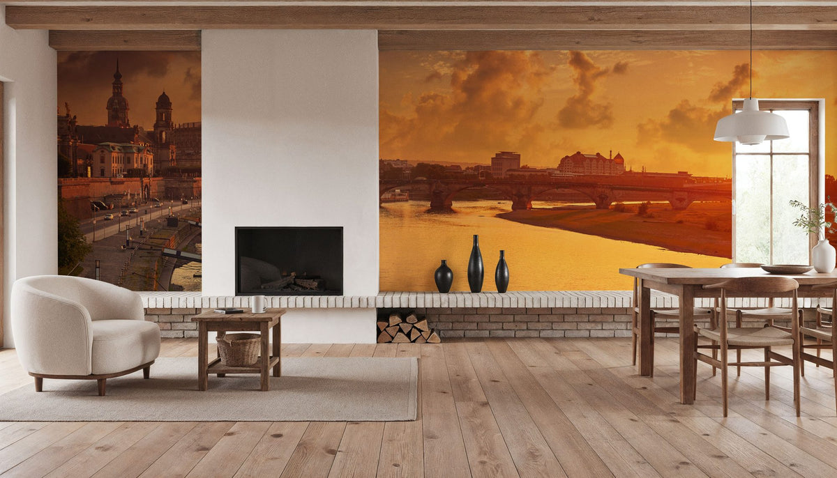 Dresden and Elbe River At Sunset Mural Wallpaper - room preview 02