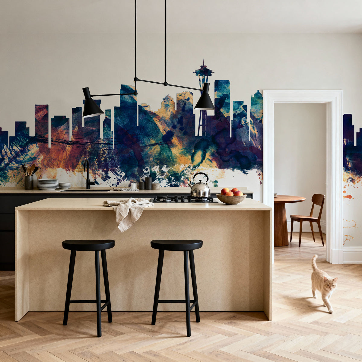 Seattle Skyline Blue & Bronze Mural Wallpaper - room preview 02