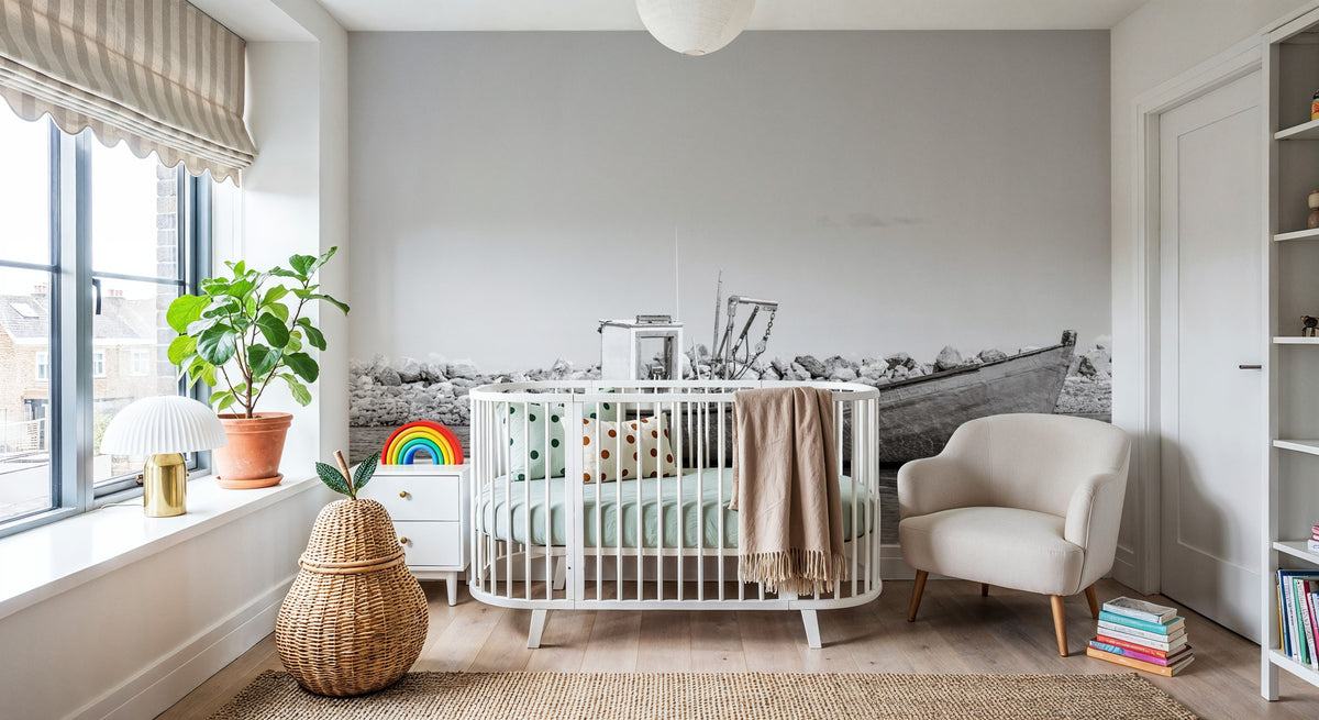 Fishing Boat Rest BW Mural Wallpaper - room preview 02