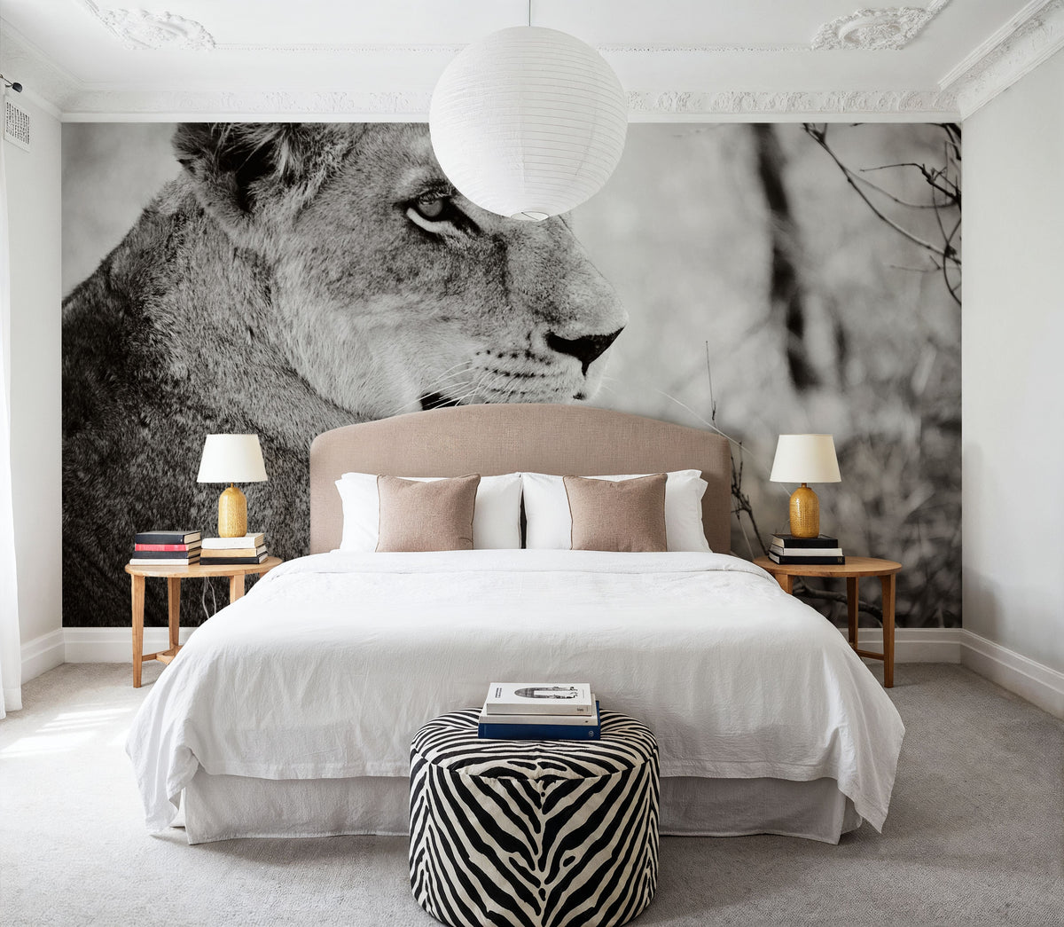 Lioness Square BW Mural Wallpaper - room preview 02